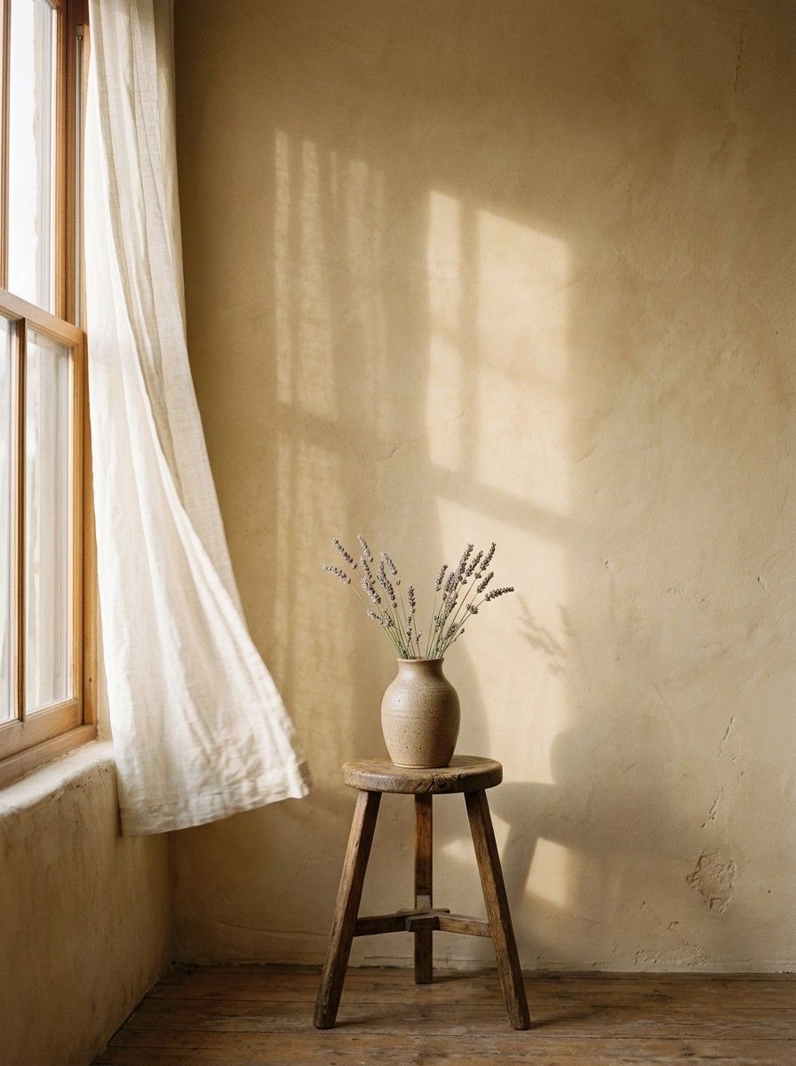 Rincón de una sala con luz de tarde y un jarrón con lavanda seca sobre un taburete de madera