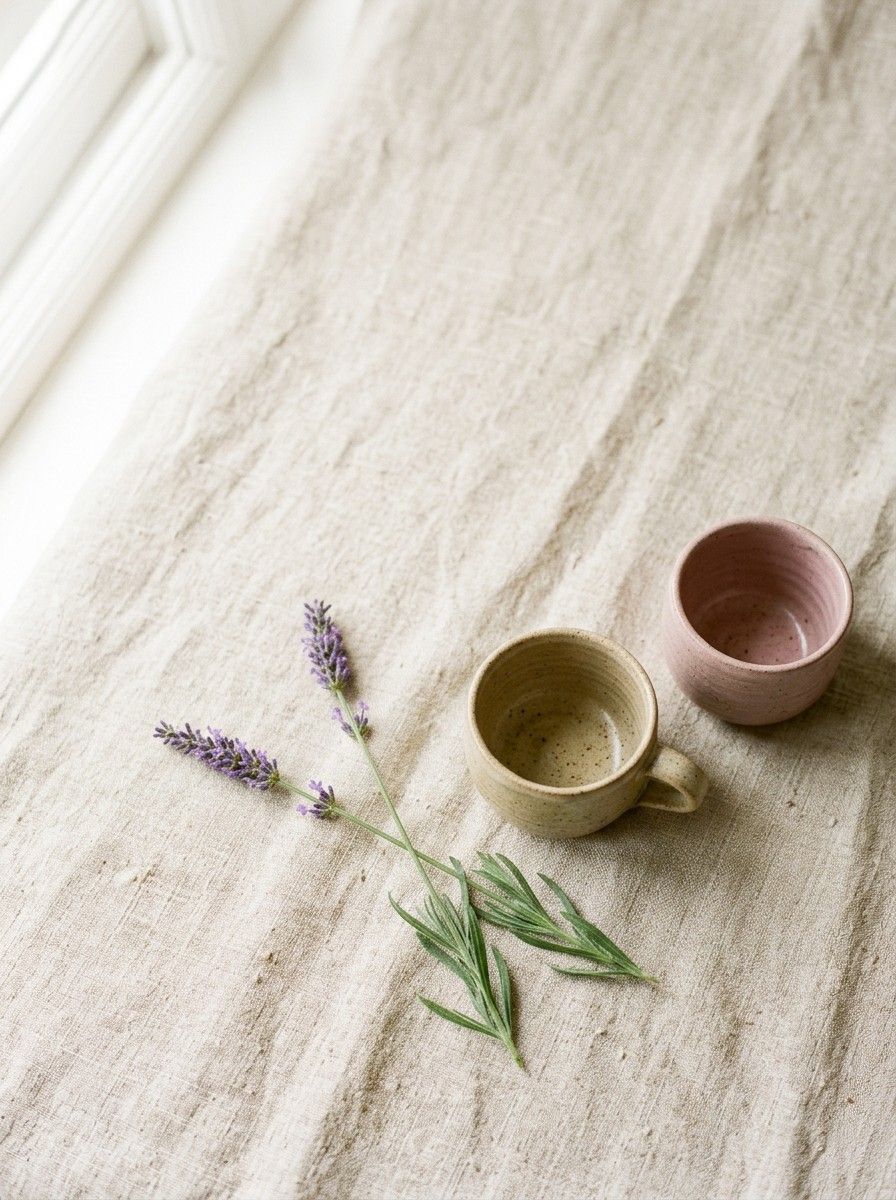 Dos ramas de lavanda cruzadas junto a dos tazas de cerámica sobre un mantel de lino