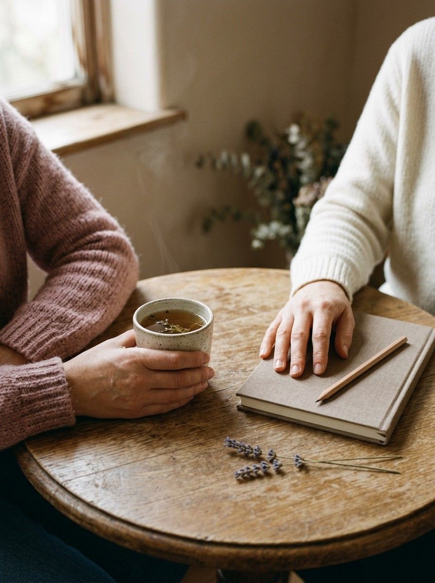 Dos personas conversando en una mesa de madera, una con una taza de infusión y otra con un cuaderno